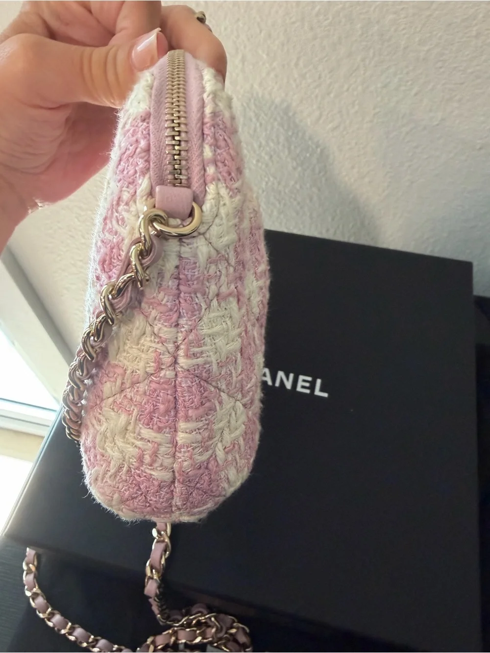 CHANEL Pink and White Tweed Quilted Mini Clutch With Chain